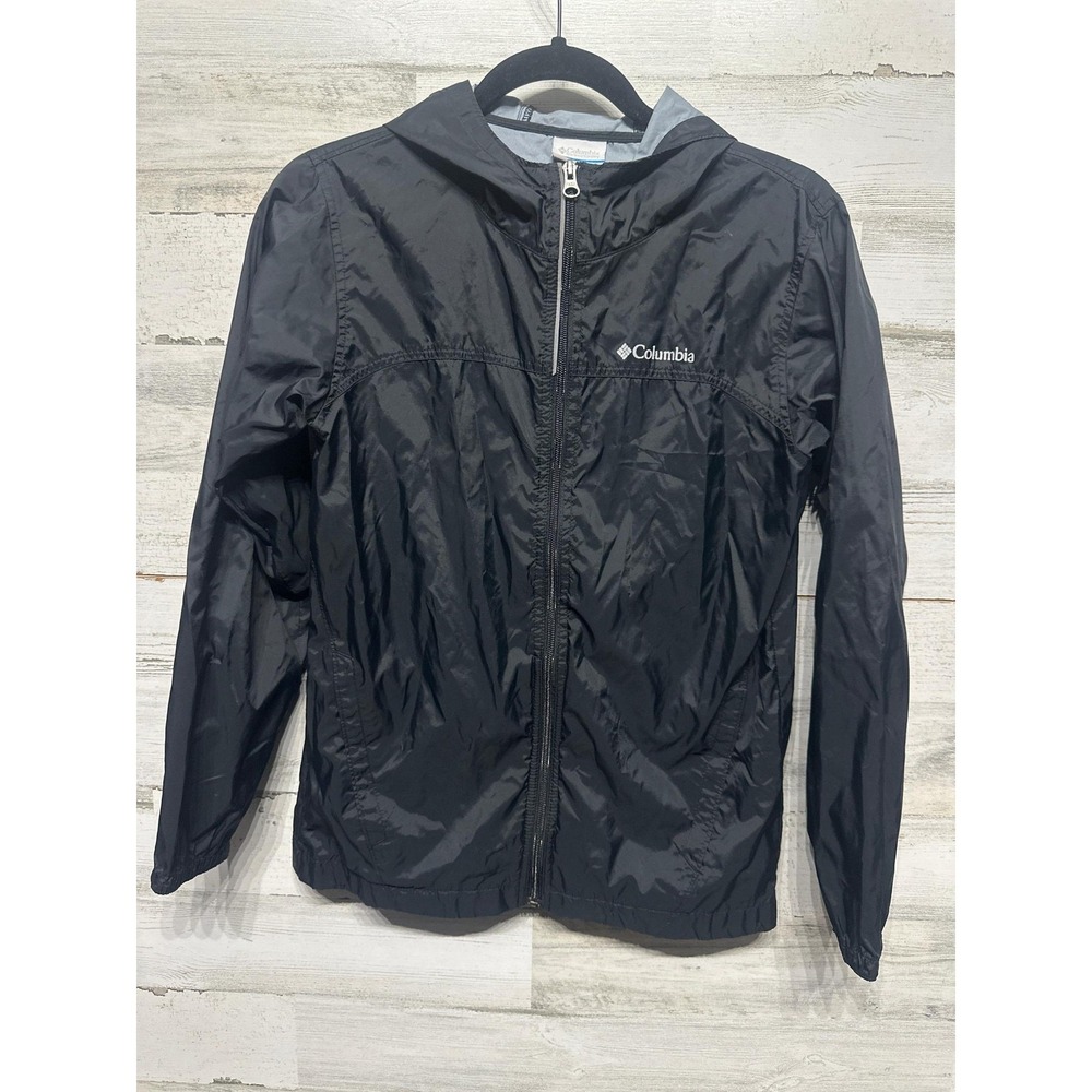 Columbia Windbreaker Jacket Boys Size L 14/16 Black Hooded Lightweight
